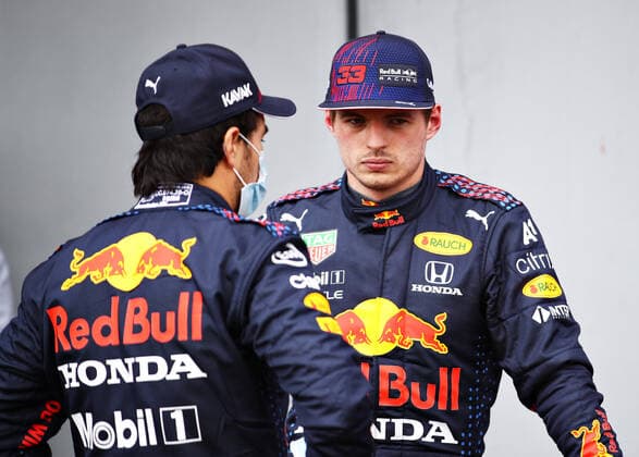 F1 Grand Prix of Emilia Romagna 11 Sergio Perez (MEX, Red Bull Racing), 33 Max Verstappen (NED, Red Bull Racing), F1 Grand Prix of Emilia Romagna at Autodromo Enzo e Dino Ferrari on April 17, 2021 in Imola, Italy. (Photo by Mark Thompson Getty Images FIA Pool via HOCH ZWEI) Imola Autodromo Enzo e Dino Ferrari Italy Poolfoto HOCH ZWEI Pool Getty Images ,EDITORIAL USE ONLY