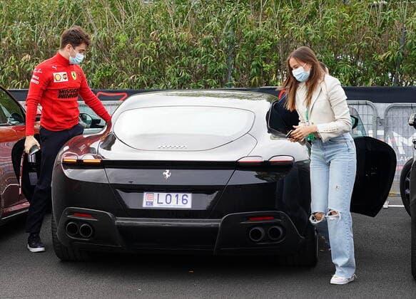 Formula 1 Pirelli Gran Premio Del Made In Italy E Dell emilia Romagna 2021 17 04 2021, Autodromo Enzo e Dino Ferrari, Imola, Formula 1 Pirelli Gran Premio Del Made In Italy E Dell emilia Romagna 2021 ,in the picture Charles Leclerc MCO 16 , Scuderia Ferrari Mission Winnow arrives with his girlfriend Charlotte Sine in his Ferrari with Monegasque license plate at the paddock in Imola nordphotoxGmbHx xBratic nph00250