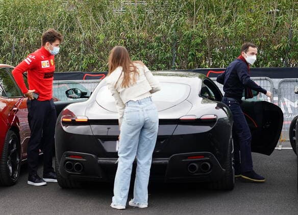 Formula 1 Pirelli Gran Premio Del Made In Italy E Dell emilia Romagna 2021 17 04 2021, Autodromo Enzo e Dino Ferrari, Imola, Formula 1 Pirelli Gran Premio Del Made In Italy E Dell emilia Romagna 2021 ,in the picture Charles Leclerc MCO 16 , Scuderia Ferrari Mission Winnow arrives with his girlfriend Charlotte Sine and manager Nicolas Todt in his Ferrari with Monegasque license plate at the paddock in Imola nordphotoxGmbHx xBratic nph00250