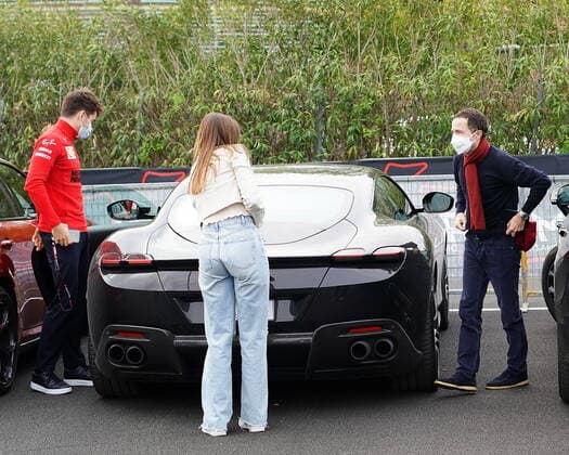 Formula 1 Pirelli Gran Premio Del Made In Italy E Dell emilia Romagna 2021 17 04 2021, Autodromo Enzo e Dino Ferrari, Imola, Formula 1 Pirelli Gran Premio Del Made In Italy E Dell emilia Romagna 2021 ,in the picture Charles Leclerc MCO 16 , Scuderia Ferrari Mission Winnow arrives with his girlfriend Charlotte Sine and manager Nicolas Todt in his Ferrari with Monegasque license plate at the paddock in Imola nordphotoxGmbHx xBratic nph00250
