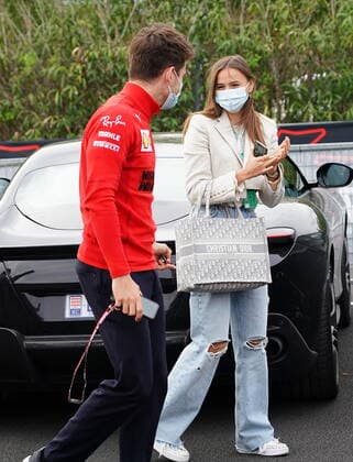 Formula 1 Pirelli Gran Premio Del Made In Italy E Dell emilia Romagna 2021 17 04 2021, Autodromo Enzo e Dino Ferrari, Imola, Formula 1 Pirelli Gran Premio Del Made In Italy E Dell emilia Romagna 2021 ,in the picture Charles Leclerc MCO 16 , Scuderia Ferrari Mission Winnow arrives with his girlfriend Charlotte Sine and manager Nicolas Todt in his Ferrari with Monegasque license plate at the paddock in Imola nordphotoxGmbHx xBratic nph00250