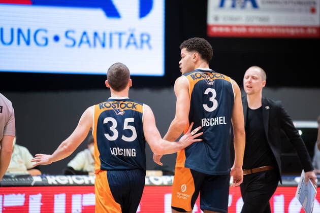 BARMER 2 Basketball Bundesliga ProA Playoff Matchday 1 Season 2020 2021 on 17 4 2021 Science City Jena vs Rostock Seawolves right Jarelle Reichel Rostock must be restrained after the final whistle by Brad Loesing Rostock Sparkassen Arena Jena.