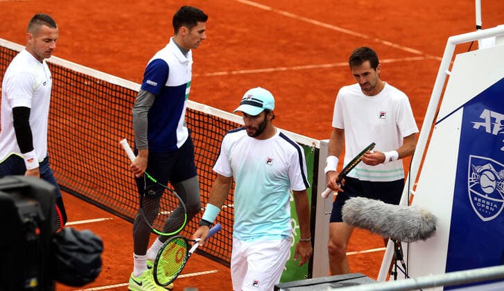 17.04.2021 Belgrade(Serbia) Serbia Challenger Open men s tennis doubles final Andres Molteni(R) Guillermo Duran(3L) Argentina against pair Tomislav Brkic(L)Bosnia, Nikola Cacic(2L) Serbia :