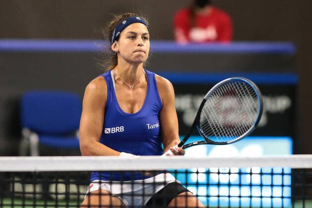 2021.04.17 Bytom Tenis Puchar Billie Jean King Mecz: Magdalena Frech, Katarzyna Kawa - Carolina Meligeni, Luisa Stefani Polska - Brazylia N z Carolina Meligeni Foto Tomasz Kudala PressFocus 2021.04.17 Bytom Tennis Billie Jean King Cup 2021 Play-Offs Poland - Brazil Polska - Brazylia Carolina Meligeni Credit: Tomasz Kudala PressFocus NEWSPIX.PL --- Newspix.pl  tomkud160421a-43