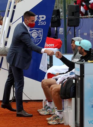 17.04.2021 Belgrade(Serbia) Serbia Challenger Open men s tennis doubles final Andres Molteni(C), Guillermo Duran(R) Argentina with Djordje Djokovic(L) tournament director :