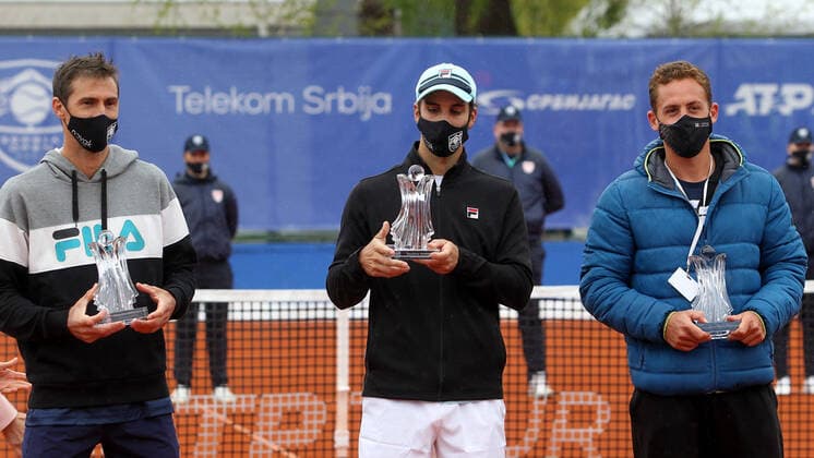 17.04.2021 Belgrade(Serbia) Serbia Challenger Open men s tennis doubles final Andres Molteni(L), Guillermo Duran(C) Argentina winners in doubles with Roberto Carballes(R) Spain singles winner :