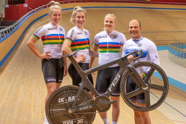 Frankfurt Oder , 13 04 2021 Oderlandhalle track cycling Olympic qualification and comparison with the cycling aces of the Netherlands and France in the picture the world champions, Emma Hinze, Pauline Grabosch, Lea Sophie Friedrich and the two-time European champion 2021, Maximilian Levy