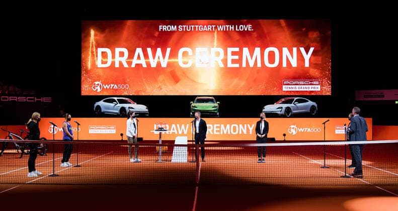 Mandatory Credit: Photo by Rob Prange Shutterstock (11863942a) Ambiance during the draw ceremony of the 2021 Porsche Tennis Grand Prix WTA, Tennis Damen 500 tournament 2021 Porsche Tennis Grand Prix Qualifications Day 2 - 18 Apr 2021 2021 Porsche Tennis Grand Prix Qualifications Day 2 - 18 Apr 2021  Copyright: xRobxPrange Shutterstockx 11863942a