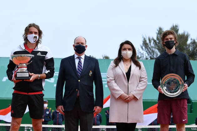 Stefanos Tsitsipas (Gre) with SAS Prince Albert de Monaco, Melanie de Massy defeated Andrey Rublev (Rus) in the Rolex Monte Carlo Masters final TENNIS : Rolex Monte Carlo Masters - 18 04 2021 AntoineCouvercelle Panoramic 