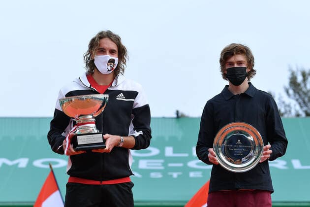 Stefanos Tsitsipas (Gre) with SAS Prince Albert de Monaco, Melanie de Massy defeated Andrey Rublev (Rus) in the Rolex Monte Carlo Masters final TENNIS : Rolex Monte Carlo Masters - 18 04 2021 AntoineCouvercelle Panoramic 