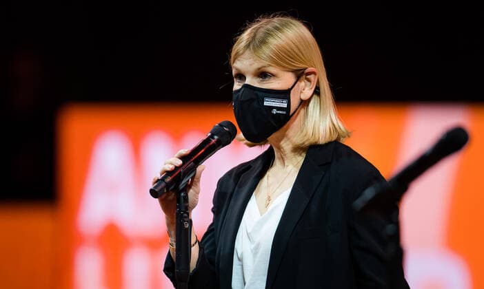 April 18, 2021, STUTTGART, GERMANY: Anke Huber during the draw ceremony of the 2021 Porsche Tennis Grand Prix WTA, Tennis Damen 500 tournament STUTTGART GERMANY - ZUMAa181 20210418_zaa_a181_128 Copyright: xRobxPrangex