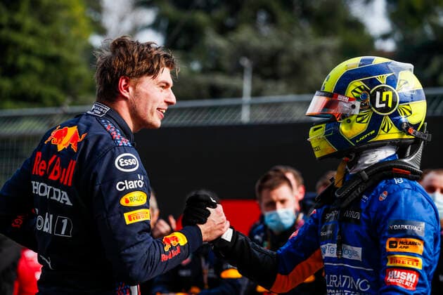 33 Max Verstappen NED, Red Bull Racing , 4 Lando Norris GBR, McLaren F1 Team , F1 Grand Prix of Emilia Romagna at Autodromo Enzo e Dino Ferrari on April 18, 2021 in Imola, Italy Photo by HOCH ZWEI Imola Italy