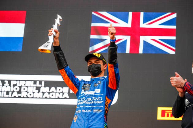 Podium, NORRIS Lando (gbr), McLaren MCL35M, portrait during the Formula 1 Pirelli Gran Premio Del Made In Italy E Dell emilia Romagna 2021 from April 16 to 18, 2021 on the Autodromo Internazionale Enzo e Dino Ferrari, in Imola, Italy - FORMULE 1 : Grand prix Emilie Romagne - Imola - Course - 18 04 2021 DPPI Panoramic 