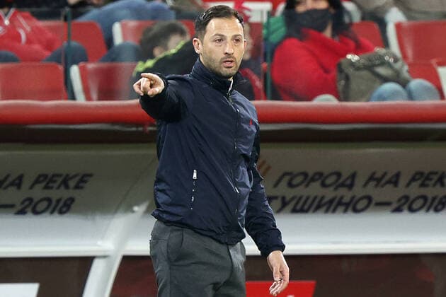 MOSCOW, RUSSIA â€“ APRIL 18, 2021: Spartak Moscow head coach Domenico Tedesco attends his team s 2020 2021 Russian Premier League Round 26 football match against FC Ufa at Otkritie Bank Arena; Ufa won 3-0. Sergei Bobylev TASS  TS0FD3ED