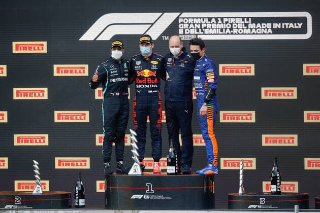 podium HAMILTON Lewis (gbr), Mercedes AMG F1 GP W12 E Performance, VERSTAPPEN Max (ned), Red Bull Racing Honda RB16B, NORRIS Lando (gbr), McLaren MCL35M, portrait during the Formula 1 Pirelli Gran Premio Del Made In Italy E Dell emilia Romagna 2021 from April 16 to 18, 2021 on the Autodromo Internazionale Enzo e Dino Ferrari, in Imola, Italy - Photo Antonin Vincent DPPI F1 - EMILIA ROMAGNA GRAND PRIX 2021 - RACE ANTONINVINCENT DPPI  00121004__V2_3514