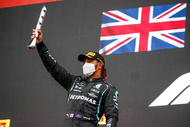 HAMILTON Lewis (gbr), Mercedes AMG F1 GP W12 E Performance, portrait podium during the Formula 1 Pirelli Gran Premio Del Made In Italy E Dell Emilia Romagna 2021 from April 16 to 18, 2021 on the Autodromo Internazionale Enzo e Dino Ferrari, in Imola, Italy - FORMULE 1 : Grand prix Emilie Romagne - Imola - Course - 18 04 2021 DPPI Panoramic 