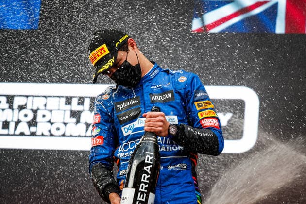 NORRIS Lando (gbr), McLaren MCL35M, portrait podium during the Formula 1 Pirelli Gran Premio Del Made In Italy E Dell Emilia Romagna 2021 from April 16 to 18, 2021 on the Autodromo Internazionale Enzo e Dino Ferrari, in Imola, Italy - FORMULE 1 : Grand prix Emilie Romagne - Imola - Course - 18 04 2021 DPPI Panoramic 