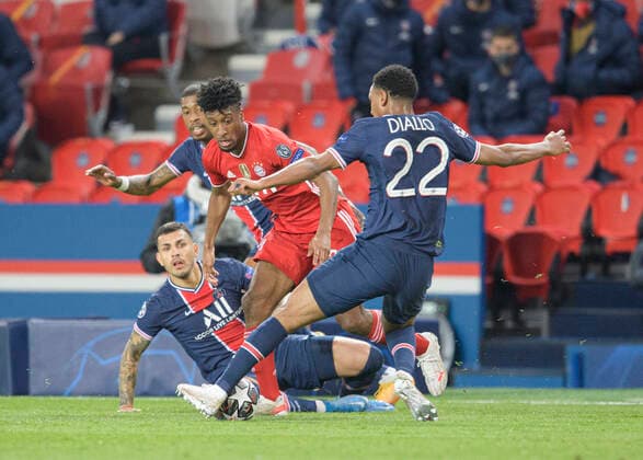 v l Leandro PAREDES PSG , Presnel KIMPEMBE PSG , Kingsley COMAN M , Abdou DIALLO PSG , duel, action, Football Champions League, quarterfinal second leg, Paris St Germain PSG FC Bayern Muenchen M 0 1, on 13 04 2021 in Paris France Â