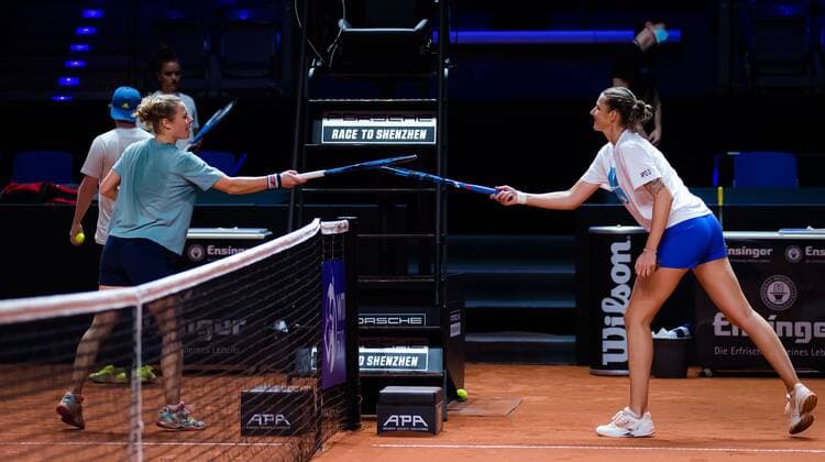 Mandatory Credit: Photo by Rob Prange Shutterstock (11864525x) Laura Siegemund of Germany & Karolina Pliskova of the Czech Republic during practice ahead of the 2021 Porsche Tennis Grand Prix WTA, Tennis Damen 500 tournament Porsche Tennis Grand Prix, Tennis, Stuttgart, Germany - 19 Apr 2021 Porsche Tennis Grand Prix, Tennis, Stuttgart, Germany - 19 Apr 2021  Copyright: xRobxPrange Shutterstockx 11864525x