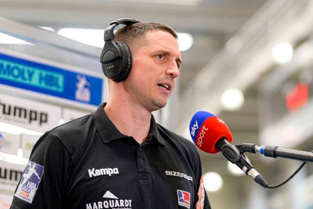 Balingen, Germany 18 April 2021 HBL 20 21 HBW Balingen vs THW Kiel coach Jens Buerkle HBW Balingen on Sky interview Balingen Sparkassenarena Baden Württemberg Germany