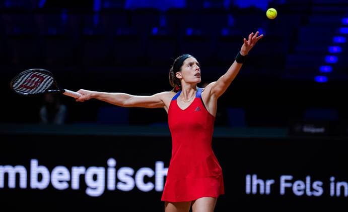 Mandatory Credit: Photo by Rob Prange Shutterstock (11864525ek) Andrea Petkovic of Germany in action during her first-round match at the 2021 Porsche Tennis Grand Prix WTA, Tennis Damen 500 tournament Porsche Tennis Grand Prix, Tennis, Stuttgart, Germany - 19 Apr 2021 Porsche Tennis Grand Prix, Tennis, Stuttgart, Germany - 19 Apr 2021  Copyright: xRobxPrange Shutterstockx 11864525ek