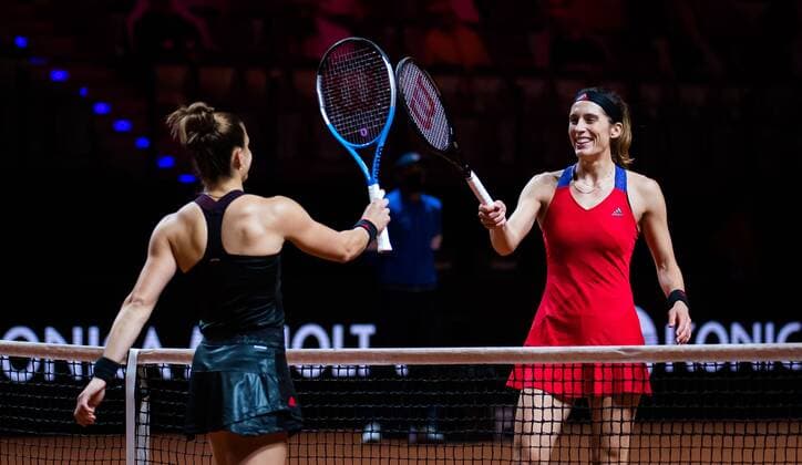 Mandatory Credit: Photo by Rob Prange Shutterstock (11864525dz) Maria Sakkari of Greece & Andrea Petkovic of Germany after their first-round match at the 2021 Porsche Tennis Grand Prix WTA, Tennis Damen 500 tournament Porsche Tennis Grand Prix, Tennis, Stuttgart, Germany - 19 Apr 2021 Porsche Tennis Grand Prix, Tennis, Stuttgart, Germany - 19 Apr 2021  Copyright: xRobxPrange Shutterstockx 11864525dz