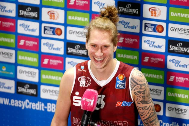 19 04 2021, easyCredit Basketball Bundesliga, BBL, season 2020 2021, men, Chemnitz Niners Hamburg Towers Malte Ziegenhagen, Niners Chemnitz during interview Chemnitz Fair Chemnitz Saxony Germany