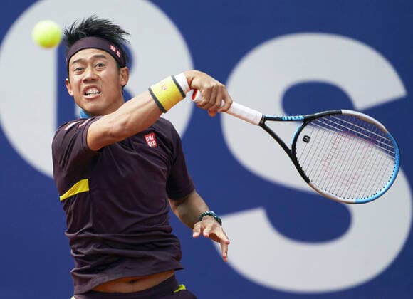Tennis: Barcelona Open Kei Nishikori of Japan plays against Guido Pella of Argentina during the first round of the Barcelona Open in Barcelona, Spain, on April 19, 2021. 