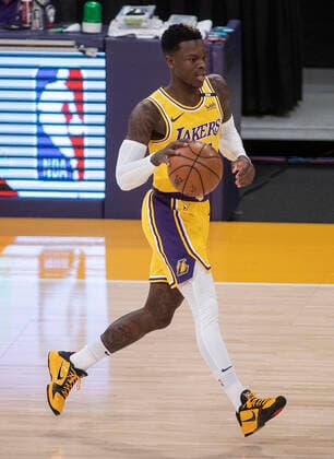 April 19, 2021, Los Angeles, California, USA: Dennis Schroder 17 of the Los Angeles Lakers during their regular season NBA, Basketball Herren, USA game with the Utah Jazz on Monday April 19, 2021 at the Staples Center in Los Angeles, California. Lakers lose to Jazz, 97-111. PI Los Angeles USA - ZUMAp124 20210419_zaa_p124_010 Copyright: xJAVIERxROJASx