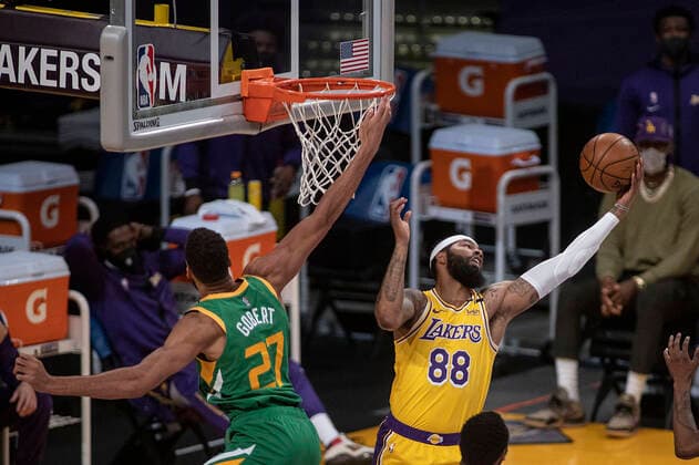 April 19, 2021, Los Angeles, California, USA: Markieff Morris 88 of the Los Angeles Lakers reaches for a rebound during their regular season NBA, Basketball Herren, USA game with the Utah Jazz on Monday April 19, 2021 at the Staples Center in Los Angeles, California. Lakers lose to Jazz, 97-111. PI Los Angeles USA - ZUMAp124 20210419_zaa_p124_011 Copyright: xJAVIERxROJASx
