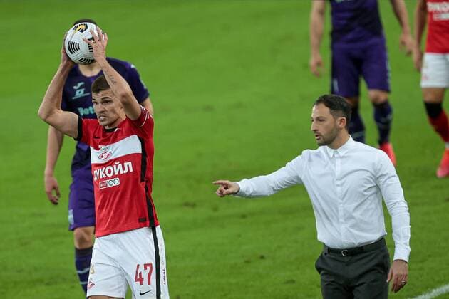 April 18, 2021. Russia, Moscow, Otkritie Arena Stadium. Russian Premier League 2020 21. During match between FC Spartak (Moscow) - FC Ufa (Ufa). In picture: Domenico Tedesco and Roman Zobnin DmitryxGolubovich