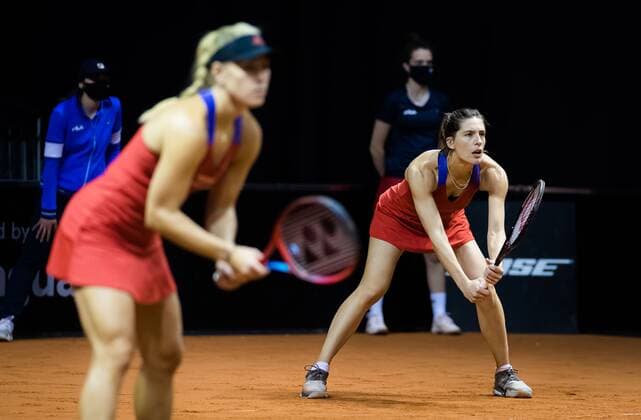 Mandatory Credit: Photo by Rob Prange Shutterstock (11864527ag) Angelique Kerber & Andrea Petkovic of Germany playing doubles at the 2021 Porsche Tennis Grand Prix WTA, Tennis Damen 500 tournament Porsche Tennis Grand Prix, Tennis, Stuttgart, Germany - 20 Apr 2021 Porsche Tennis Grand Prix, Tennis, Stuttgart, Germany - 20 Apr 2021  Copyright: xRobxPrange Shutterstockx 11864527ag