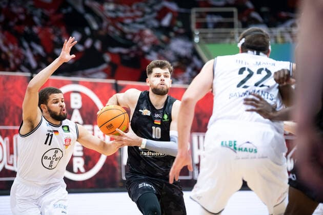 BARMER 2 Basketball Bundesliga ProA Playoff Matchday 2 Season 2020 2021 on 20 4 2021 Bayer Giants Leverkusen vs Science City Jena center Julius Wolf Jena on the ball against left Sheldon Eberhardt Leverkusen Ostermann Arena