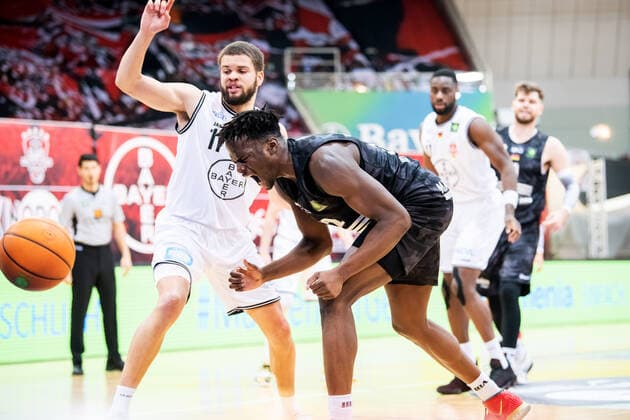 BARMER 2 Basketball Bundesliga ProA Playoff Matchday 2 Season 2020 2021 on 20 4 2021 Bayer Giants Leverkusen vs Science City Jena center Norense Odiase Jena screams out his frustration right Sheldon Eberhardt Leverkusen Ostermann Arena