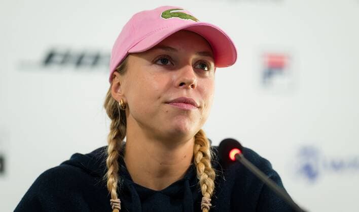 Mandatory Credit: Photo by Rob Prange Shutterstock (11864527da) Anett Kontaveit of Estonia talks to the media after her first-round match at the 2021 Porsche Tennis Grand Prix WTA, Tennis Damen 500 tournament Porsche Tennis Grand Prix, Tennis, Stuttgart, Germany - 20 Apr 2021 Porsche Tennis Grand Prix, Tennis, Stuttgart, Germany - 20 Apr 2021  Copyright: xRobxPrange Shutterstockx 11864527da