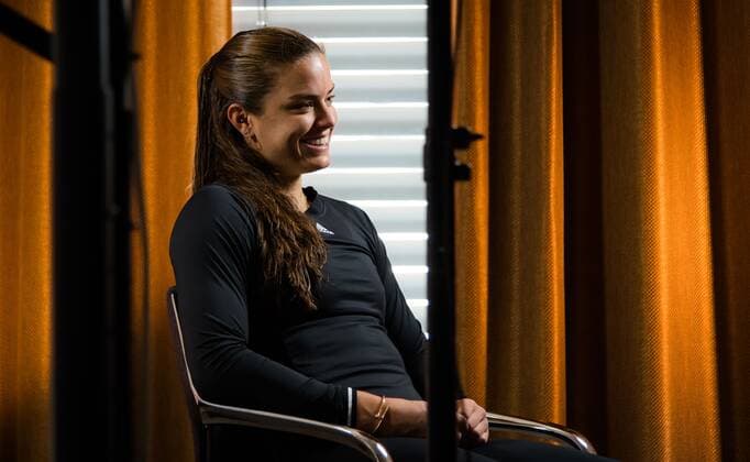 Mandatory Credit: Photo by Rob Prange Shutterstock (11864527et) Maria Sakkari of Greece talks to the media at the 2021 Porsche Tennis Grand Prix WTA, Tennis Damen 500 tournament Porsche Tennis Grand Prix, Tennis, Stuttgart, Germany - 20 Apr 2021 Porsche Tennis Grand Prix, Tennis, Stuttgart, Germany - 20 Apr 2021  Copyright: xRobxPrange Shutterstockx 11864527et