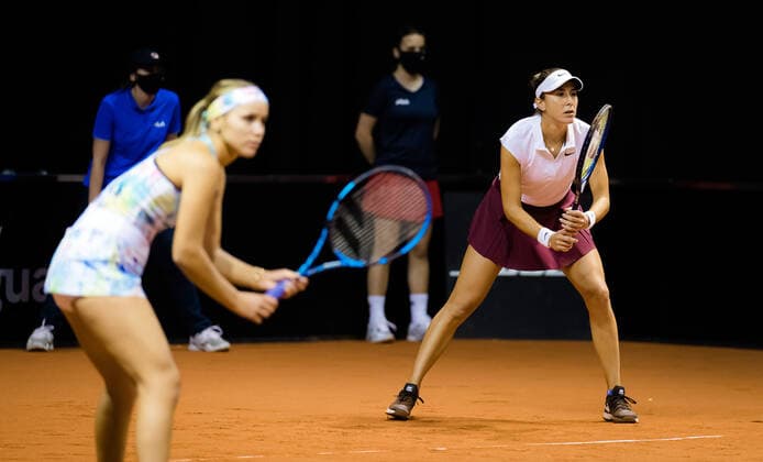 April 20, 2021, STUTTGART, GERMANY: Belinda Bencic of Switzerland & Sofia Kenin of the United States playing doubles at the 2021 Porsche Tennis Grand Prix WTA, Tennis Damen 500 tournament STUTTGART GERMANY - ZUMAa181 20210420_zaa_a181_120 Copyright: xRobxPrangex