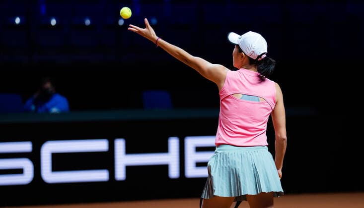 April 20, 2021, STUTTGART, GERMANY: Shuai Zhang of China in action during her first-round match at the 2021 Porsche Tennis Grand Prix WTA, Tennis Damen 500 tournament against Aryna Sabalenka of Belarus STUTTGART GERMANY - ZUMAa181 20210420_zaa_a181_140 Copyright: xRobxPrangex