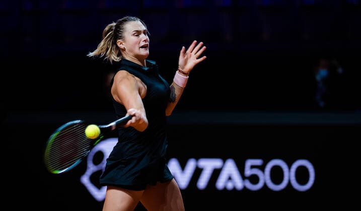 April 20, 2021, STUTTGART, GERMANY: Aryna Sabalenka of Belarus in action during her first-round match at the 2021 Porsche Tennis Grand Prix WTA, Tennis Damen 500 tournament against Shuai Zhang of China STUTTGART GERMANY - ZUMAa181 20210420_zaa_a181_160 Copyright: xRobxPrangex