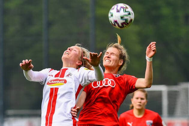 v li Sharon Beck Cologne, 10 , Selina Walter FC Ingolstadt, 17 , header, header, duel in the air, action, action, 21 04 2021, Cologne Germany , Football, 2 Frauen Bundesliga Süd, 1 FC Köln FC Ingolstadt, DFB DFL REGULATIONS PROHIBIT ANY USE OF PHOTOGRAPHS AS IMAGE SEQUENCES AND OR QUASI VIDEO xmhx