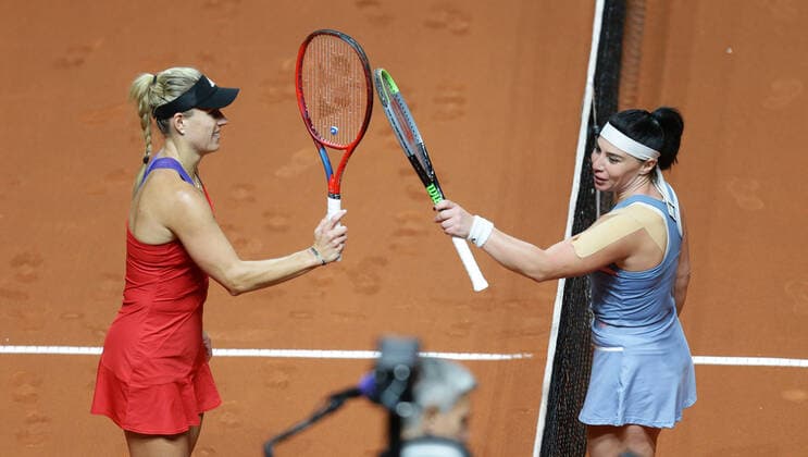 Stuttgart , Porsche Tennis Grand Prix Stuttgart 2021 , from left Angelique Kerber GER Ekaterine GORGODZE GEO