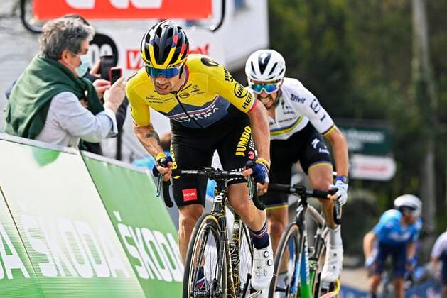 HUY, BELGIUM - APRIL 21 : ROGLIC Primoz (SLO) of JUMBO-VISMA sprinting during the 85th UCI World Tour La FlEÌˆche Wallonne cycling race with start in Charleroi and finish at the Mur de Huy on April 21, 2021 in Huy, Belgium, 21 04 2021 CYCLISME : La Fleche Wallonne UCI World Tour 2021 Course - 21 04 2021 PHOTONEWS PANORAMIC  775545392