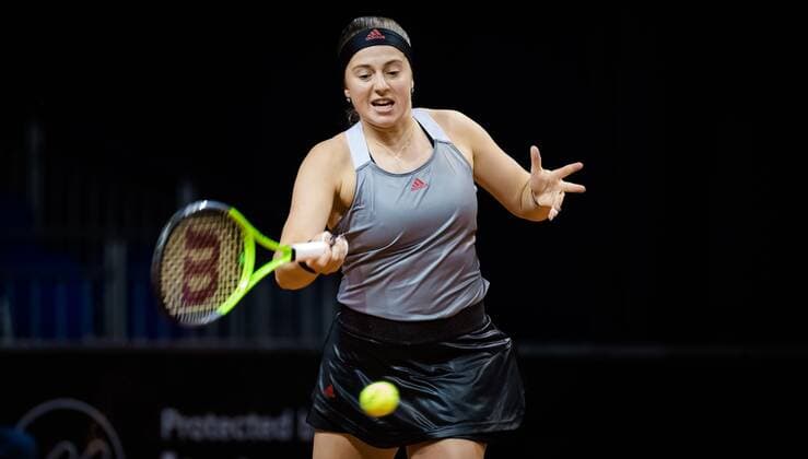 Mandatory Credit: Photo by Rob Prange Shutterstock (11864528cv) Jelena Ostapenko of Latvia in action during her first-round match at the 2021 Porsche Tennis Grand Prix WTA, Tennis Damen 500 tournament Porsche Tennis Grand Prix, Tennis, Stuttgart, Germany - 21 Apr 2021 Porsche Tennis Grand Prix, Tennis, Stuttgart, Germany - 21 Apr 2021  Copyright: xRobxPrange Shutterstockx 11864528cv