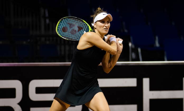 April 21, 2021, STUTTGART, GERMANY: Marketa Vondrousova of the Czech Republic in action during her first-round match at the 2021 Porsche Tennis Grand Prix WTA, Tennis Damen 500 tournament against Marie Bouzkova of the Czech Republic STUTTGART GERMANY - ZUMAa181 20210421_zaa_a181_087 Copyright: xRobxPrangex