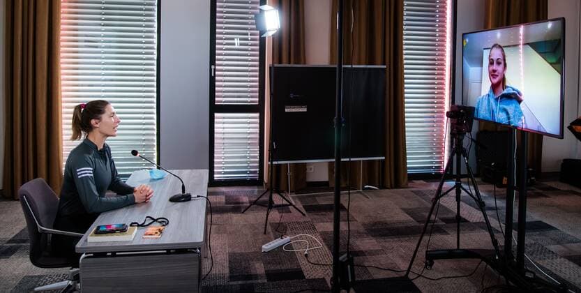 Mandatory Credit: Photo by Rob Prange Shutterstock (11864528gr) Andrea Petkovic of Germany during a zoom conference with kids at the 2021 Porsche Tennis Grand Prix WTA, Tennis Damen 500 tournament Porsche Tennis Grand Prix, Tennis, Stuttgart, Germany - 21 Apr 2021 Porsche Tennis Grand Prix, Tennis, Stuttgart, Germany - 21 Apr 2021  Copyright: xRobxPrange Shutterstockx 11864528gr