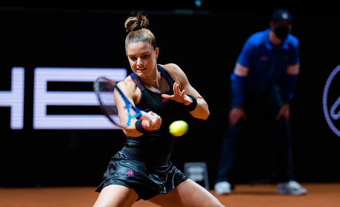 April 21, 2021, STUTTGART, GERMANY: Maria Sakkari of Greece in action during her second-round match at the 2021 Porsche Tennis Grand Prix WTA, Tennis Damen 500 tournament against Petra Kvitova of the Czech Republic STUTTGART GERMANY - ZUMAa181 20210421_zaa_a181_564 Copyright: xRobxPrangex