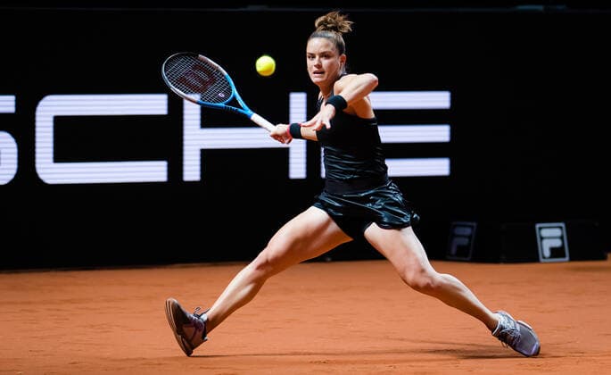 April 21, 2021, STUTTGART, GERMANY: Maria Sakkari of Greece in action during her second-round match at the 2021 Porsche Tennis Grand Prix WTA, Tennis Damen 500 tournament against Petra Kvitova of the Czech Republic STUTTGART GERMANY - ZUMAa181 20210421_zaa_a181_579 Copyright: xRobxPrangex