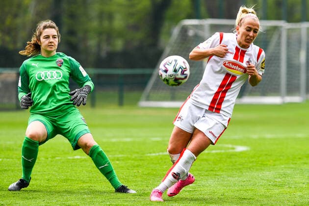 v li Franziska Maier Goalkeeper FC Ingolstadt, 1 , Mandy Islacker Köln, 8 , Zweikampf, Duell, duel, tackle, tackling, Dynamik, Action, Aktion, 21 04 2021, Köln Deutschland , Fussball, 2 Frauen Bundesliga Süd, 1 FC Köln FC Ingolstadt, DFB DFL REGULATIONS PROHIBIT ANY USE OF PHOTOGRAPHS AS IMAGE SEQUENCES AND OR QUASI VIDEO xmhx