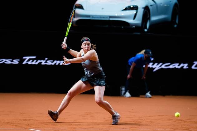 Mandatory Credit: Photo by Rob Prange Shutterstock (11864529d) Jelena Ostapenko of Latvia in action during her second-round match at the 2021 Porsche Tennis Grand Prix WTA, Tennis Damen 500 tournament Porsche Tennis Grand Prix, Tennis, Stuttgart, Germany - 22 Apr 2021 Porsche Tennis Grand Prix, Tennis, Stuttgart, Germany - 22 Apr 2021  Copyright: xRobxPrange Shutterstockx 11864529d
