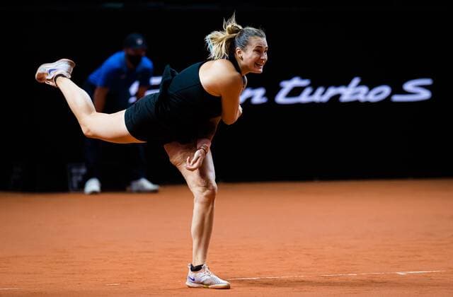 Mandatory Credit: Photo by Rob Prange Shutterstock (11864529aw) Aryna Sabalenka of Belarus in action during her second-round match at the 2021 Porsche Tennis Grand Prix WTA, Tennis Damen 500 tournament Porsche Tennis Grand Prix, Tennis, Stuttgart, Germany - 22 Apr 2021 Porsche Tennis Grand Prix, Tennis, Stuttgart, Germany - 22 Apr 2021  Copyright: xRobxPrange Shutterstockx 11864529aw
